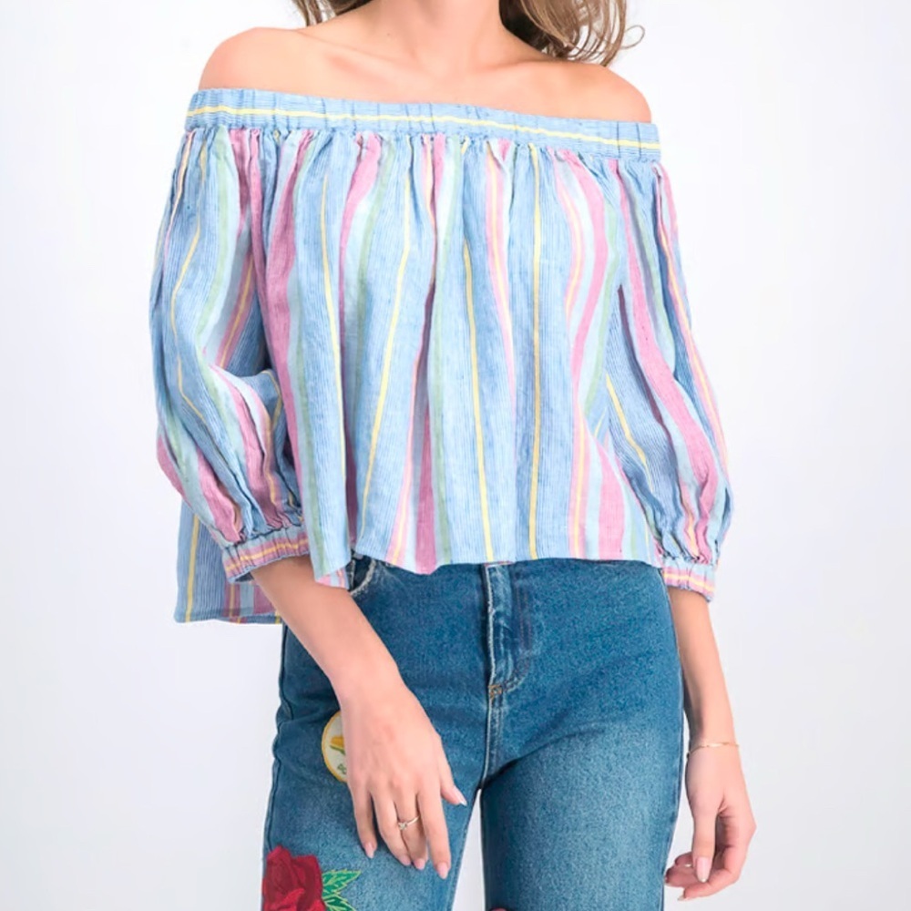 Frame Denim Blue &Pink Puff Sleeve Blouse with Off-the-Shoulder XS Linen